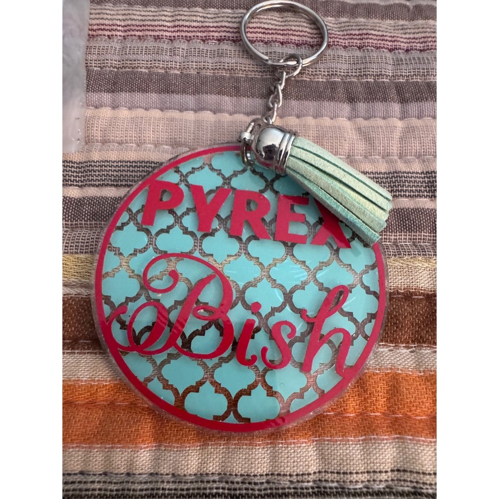 Pyrex Bish Acrylic Keychain Turquoise Quatrefoil Tassel Bag Charm Accessory